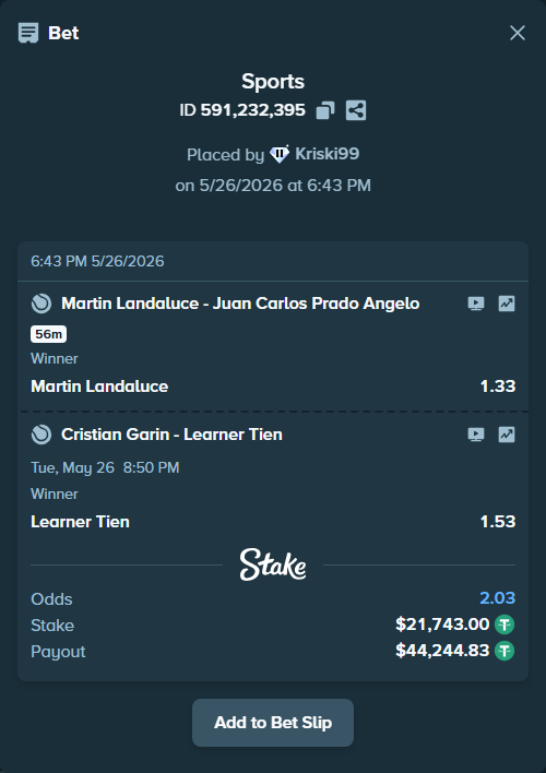 Bet slip: Martin Landaluce - Juan Carlos Prado Angelo, $21,764.74 stake at 1.33 odds, placed by Kriski99