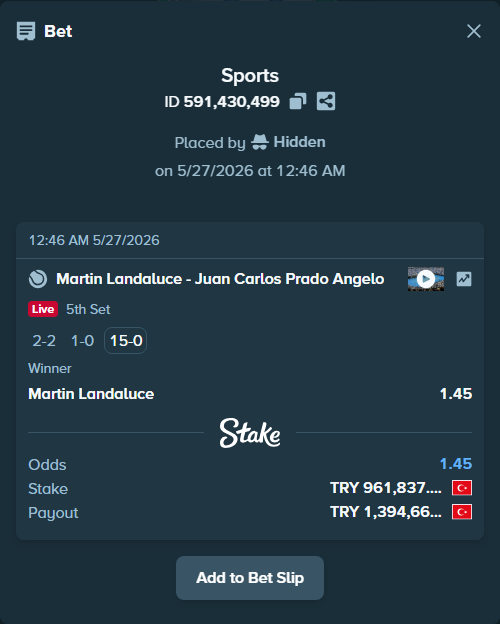 Bet slip: Martin Landaluce - Juan Carlos Prado Angelo, $28,855.13 stake at 1.45 odds, placed by Hidden