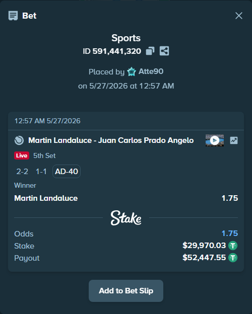 Bet slip: Martin Landaluce - Juan Carlos Prado Angelo, $30,000.00 stake at 1.75 odds, placed by Atte90