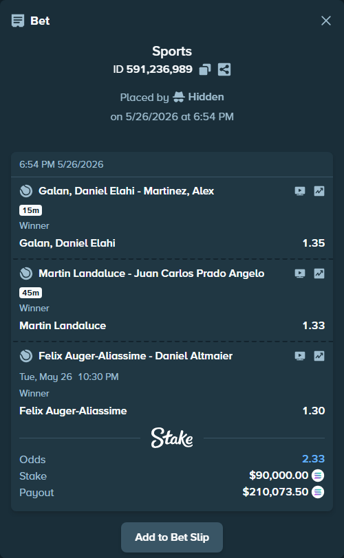 Bet slip: Martin Landaluce - Juan Carlos Prado Angelo, $78,357.84 stake at 1.33 odds, placed by Hidden