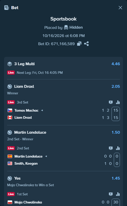 Bet slip: Martin Landaluce - Keegan Smith, $30,000.00 stake at 1.50 odds, placed by Hidden