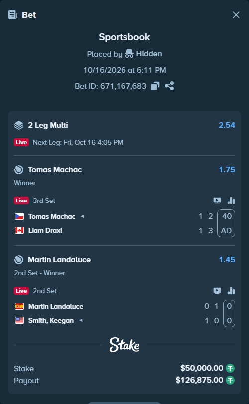 Bet slip: Martin Landaluce - Keegan Smith, $50,050.00 stake at 1.45 odds, placed by Hidden