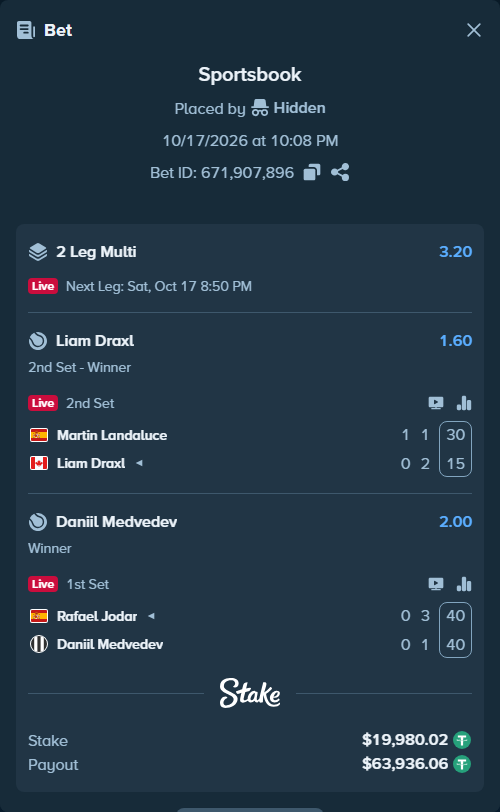 Bet slip: Martin Landaluce - Liam Draxl, $20,000.00 stake at 1.60 odds, placed by Hidden
