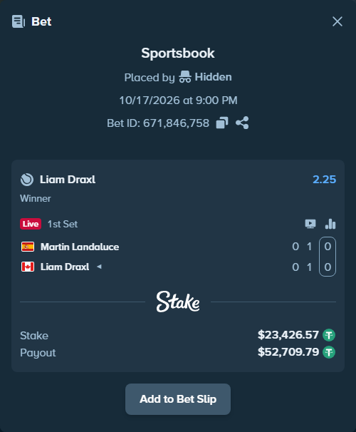 Bet slip: Martin Landaluce - Liam Draxl, $23,450.00 stake at 2.25 odds, placed by Hidden