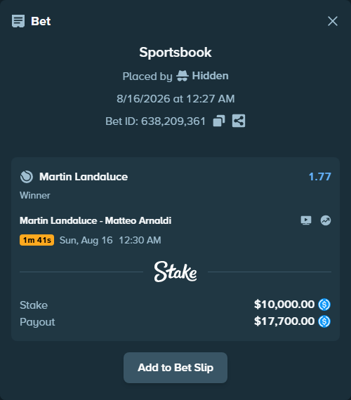 Bet slip: Martin Landaluce - Matteo Arnaldi, $10,000.00 stake at 1.77 odds, placed by Hidden
