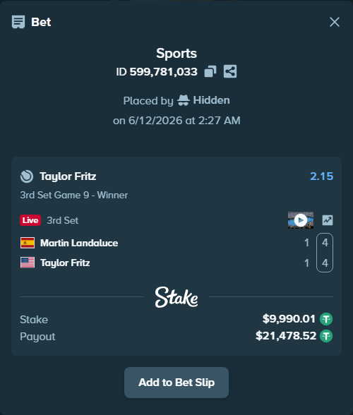 Bet slip: Martin Landaluce - Taylor Fritz, $10,000.00 stake at 2.15 odds, placed by Hidden