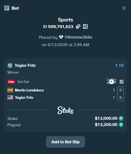 Bet slip: Martin Landaluce - Taylor Fritz, $12,012.00 stake at 1.10 odds, placed by Othmane2kiks