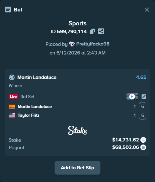 Bet slip: Martin Landaluce - Taylor Fritz, $16,589.42 stake at 4.65 odds, placed by Prettylfacko98
