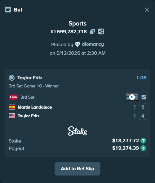 Bet slip: Martin Landaluce - Taylor Fritz, $18,296.00 stake at 1.06 odds, placed by diomancy