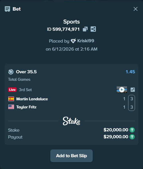 Bet slip: Martin Landaluce - Taylor Fritz, $20,020.00 stake at 1.45 odds, placed by Kriski99