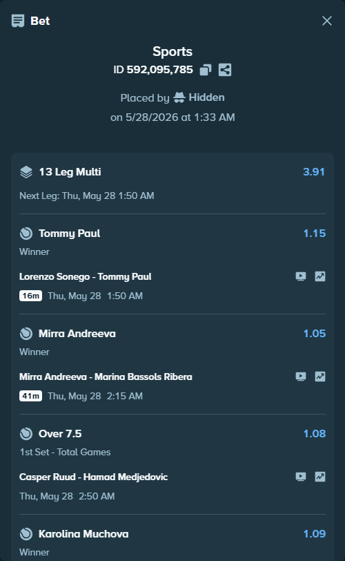 Bet slip: Martin Landaluce - Vit Kopriva, $39,581.12 stake at 1.32 odds, placed by Hidden
