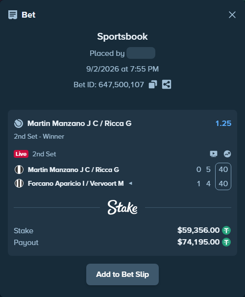 Bet slip: Martin Manzano J C / Ricca G - Forcano Aparicio I / Vervoort M, $59,356.00 stake at 1.25 odds, placed by DooDLeZ1love