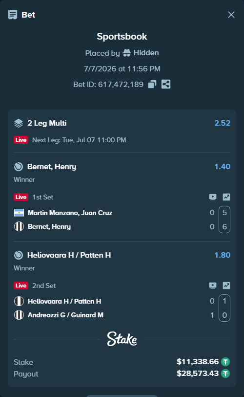 Bet slip: Martin Manzano, Juan Cruz - Bernet, Henry, $11,350.00 stake at 1.40 odds, placed by Hidden