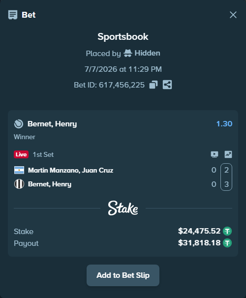 Bet slip: Martin Manzano, Juan Cruz - Bernet, Henry, $24,500.00 stake at 1.30 odds, placed by Hidden