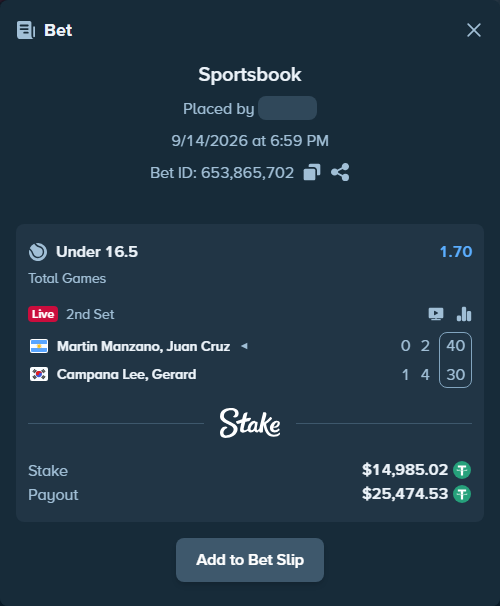 Bet slip: Martin Manzano, Juan Cruz - Campana Lee, Gerard, $15,000.00 stake at 1.70 odds, placed by DooDLeZ1love