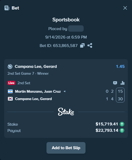 Bet slip: Martin Manzano, Juan Cruz - Campana Lee, Gerard, $15,735.13 stake at 1.45 odds, placed by DooDLeZ1love