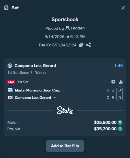 Bet slip: Martin Manzano, Juan Cruz - Campana Lee, Gerard, $25,500.00 stake at 1.40 odds, placed by Hidden