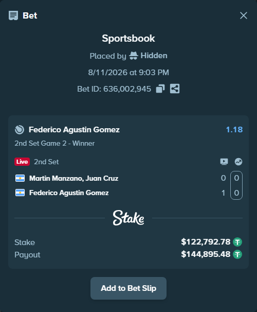 Bet slip: Martin Manzano, Juan Cruz - Federico Agustin Gomez, $122,915.57 stake at 1.18 odds, placed by Hidden