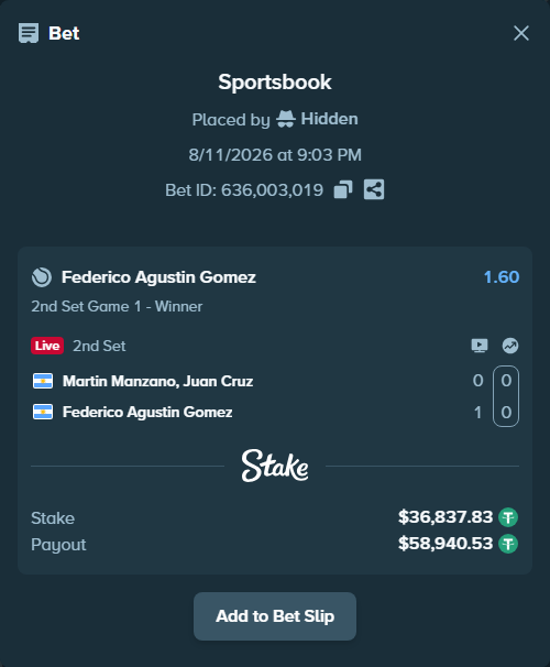 Bet slip: Martin Manzano, Juan Cruz - Federico Agustin Gomez, $36,874.67 stake at 1.60 odds, placed by Hidden