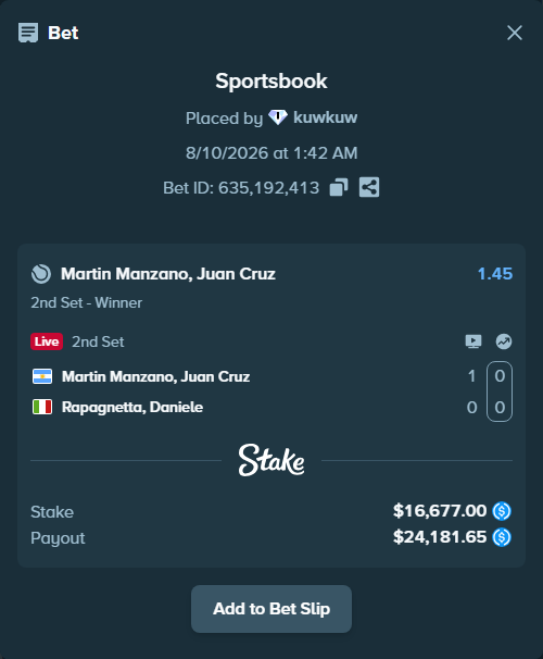 Bet slip: Martin Manzano, Juan Cruz - Rapagnetta, Daniele, $16,677.00 stake at 1.45 odds, placed by kuwkuw