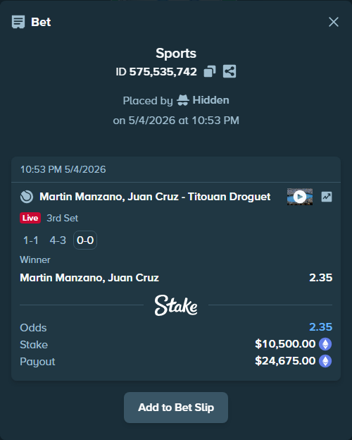 Bet slip: Martin Manzano, Juan Cruz - Titouan Droguet, $7,819.99 stake at 2.35 odds, placed by Hidden