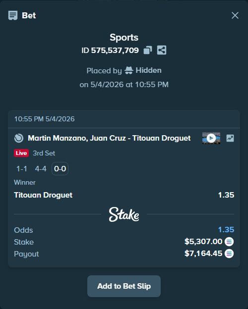 Bet slip: Martin Manzano, Juan Cruz - Titouan Droguet, $4,643.03 stake at 1.35 odds, placed by Hidden
