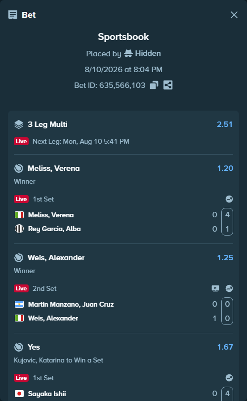 Bet slip: Martin Manzano, Juan Cruz - Weis, Alexander, $10,000.00 stake at 1.25 odds, placed by Hidden