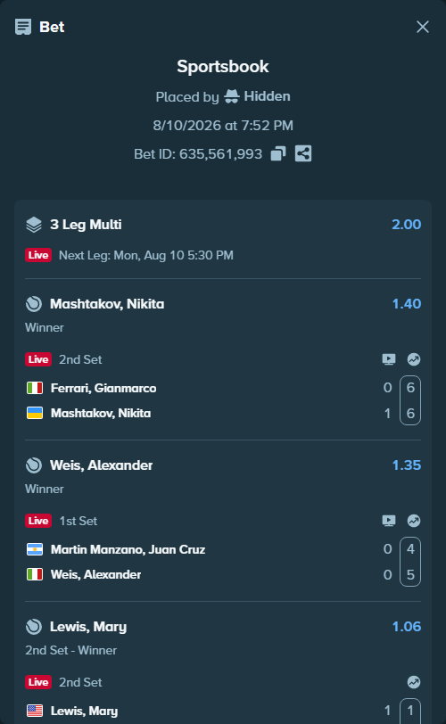 Bet slip: Martin Manzano, Juan Cruz - Weis, Alexander, $13,116.00 stake at 1.35 odds, placed by Hidden
