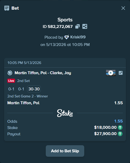 Bet slip: Martin Tiffon, Pol - Clarke, Jay, $18,000.00 stake at 1.55 odds, placed by Kriski99