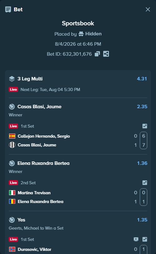 Bet slip: Martina Trevisan - Elena Ruxandra Bertea, $12,809.00 stake at 1.36 odds, placed by Hidden