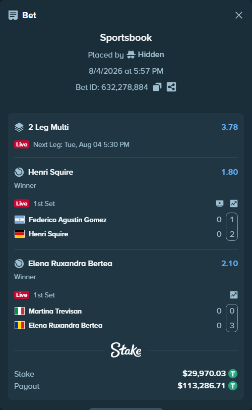 Bet slip: Martina Trevisan - Elena Ruxandra Bertea, $30,000.00 stake at 2.10 odds, placed by Hidden