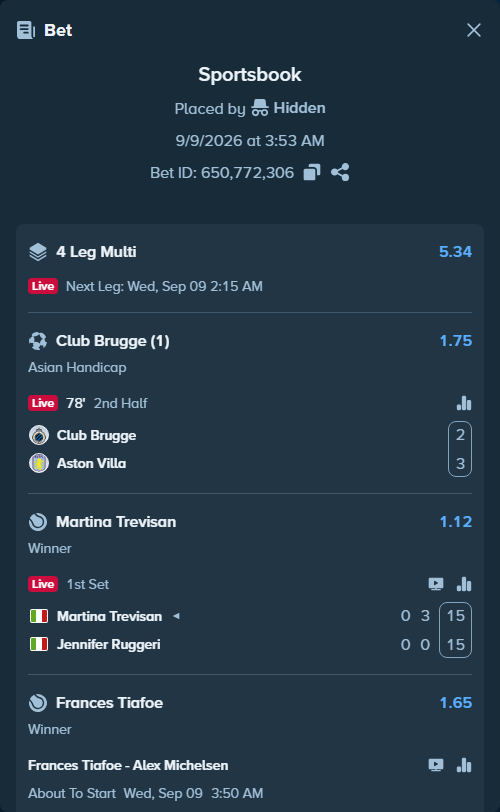 Bet slip: Martina Trevisan - Jennifer Ruggeri, $10,000.00 stake at 1.12 odds, placed by Hidden