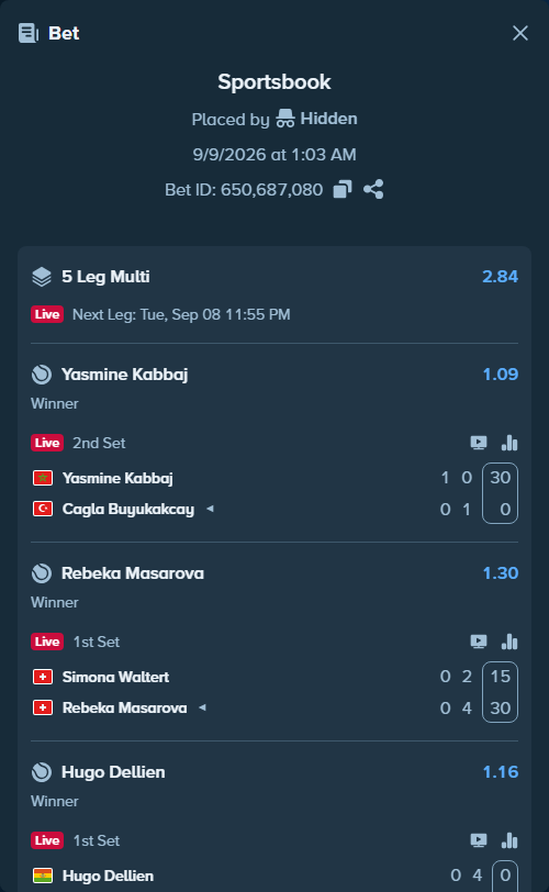 Bet slip: Martina Trevisan - Jennifer Ruggeri, $50,000.00 stake at 1.34 odds, placed by Hidden