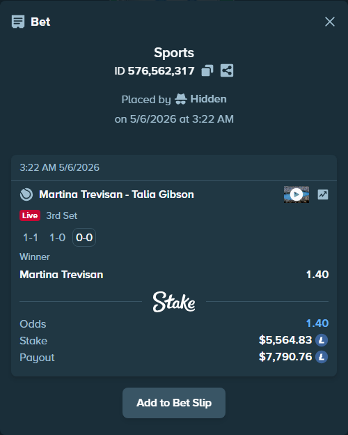Bet slip: Martina Trevisan - Talia Gibson, $4,450.00 stake at 1.40 odds, placed by Hidden