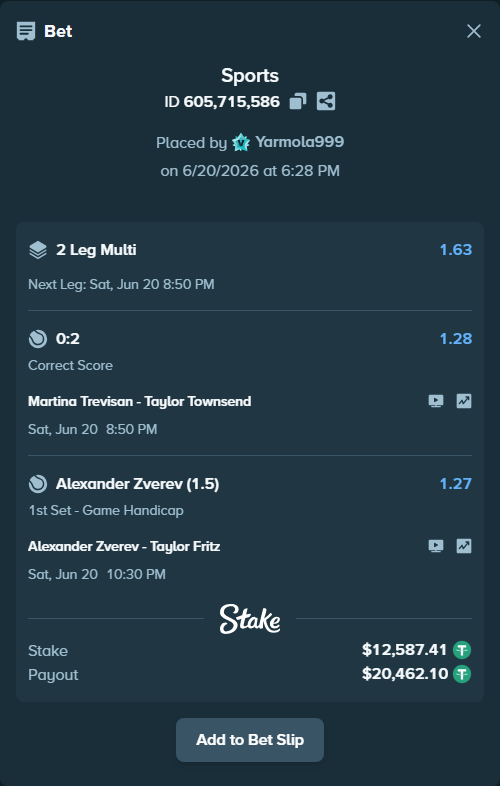Bet slip: Martina Trevisan - Taylor Townsend, $12,600.00 stake at 1.28 odds, placed by Yarmola999