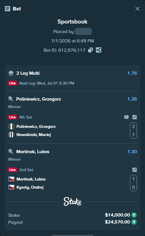 Bet slip: Martinak, Lukas - Kysely, Ondrej, $14,014.00 stake at 1.30 odds, placed by AsTraL11