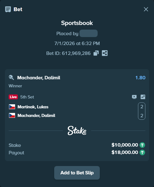Bet slip: Martinak, Lukas - Machander, Dalimil, $10,010.00 stake at 1.80 odds, placed by AsTraL11