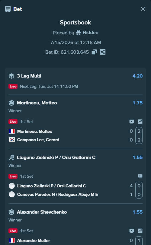 Bet slip: Martineau, Matteo - Campana Lee, Gerard, $13,499.00 stake at 1.75 odds, placed by Hidden