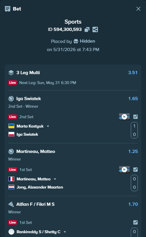 Bet slip: Martineau, Matteo - Jong, Sander, $10,000.00 stake at 1.25 odds, placed by Hidden