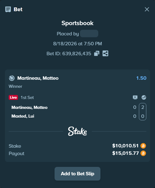 Bet slip: Martineau, Matteo - Maxted, Lui, $10,113.34 stake at 1.50 odds, placed by messrjaysr