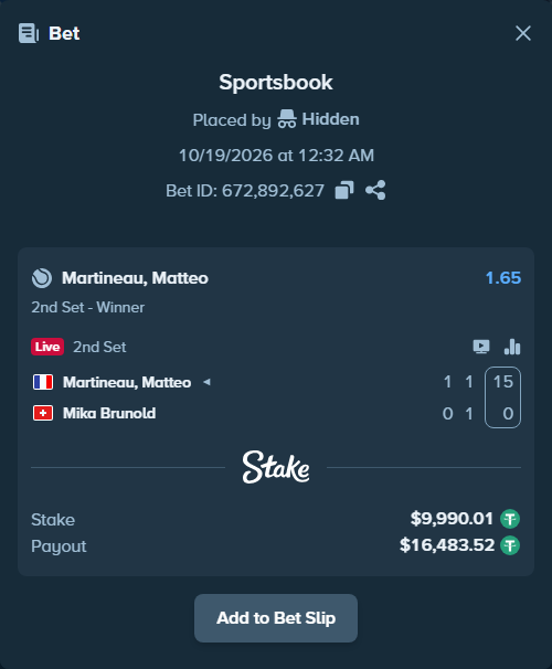 Bet slip: Martineau, Matteo - Mika Brunold, $10,000.00 stake at 1.65 odds, placed by WinTr10