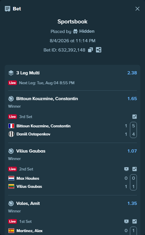 Bet slip: Martinez, Alex - Vales, Amit, $10,000.00 stake at 1.35 odds, placed by Hidden