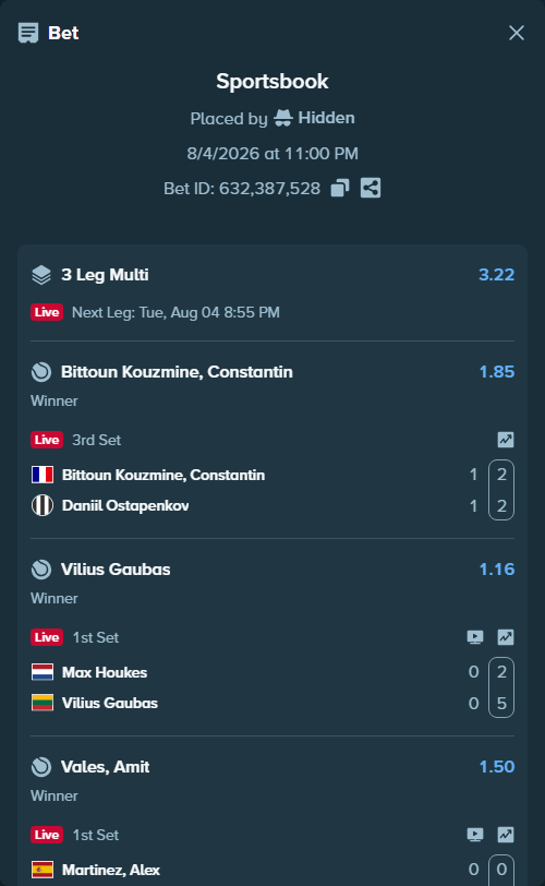Bet slip: Martinez, Alex - Vales, Amit, $11,000.00 stake at 1.50 odds, placed by Hidden