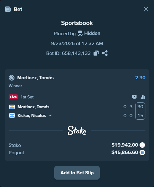 Bet slip: Martinez, Tomas - Kicker, Nicolas, $20,235.44 stake at 2.30 odds, placed by Hidden