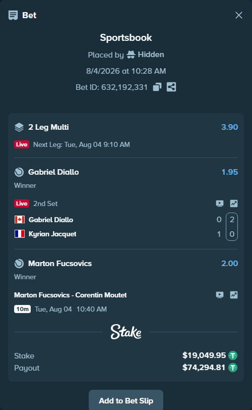 Bet slip: Marton Fucsovics - Corentin Moutet, $19,069.00 stake at 2.00 odds, placed by Hidden