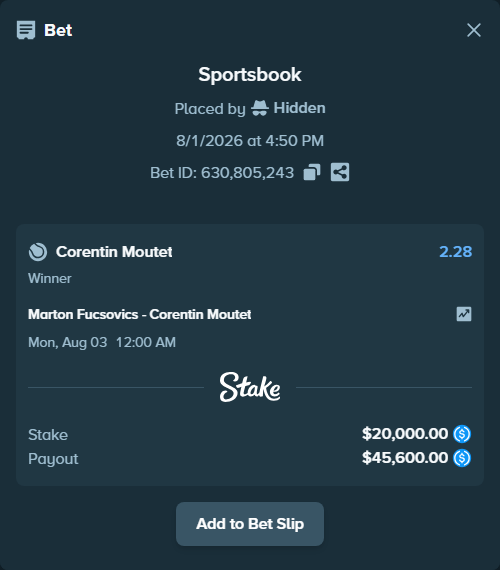Bet slip: Marton Fucsovics - Corentin Moutet, $20,000.00 stake at 2.28 odds, placed by Hidden