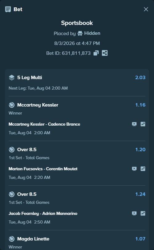Bet slip: Marton Fucsovics - Corentin Moutet, $75,000.00 stake at 1.20 odds, placed by Hidden