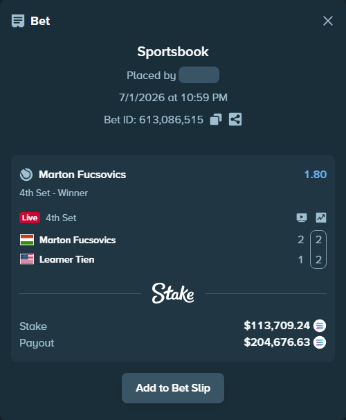 Bet slip: Marton Fucsovics - Learner Tien, $124,611.79 stake at 1.80 odds, placed by Prettylfacko98