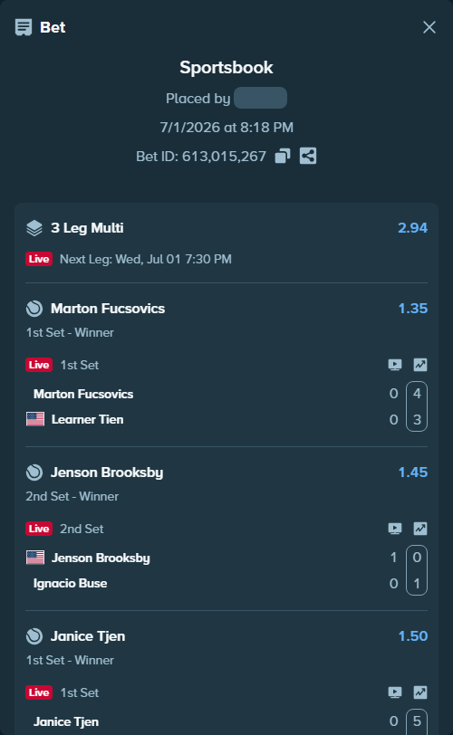 Bet slip: Marton Fucsovics - Learner Tien, $12,523.00 stake at 1.35 odds, placed by WinTr10