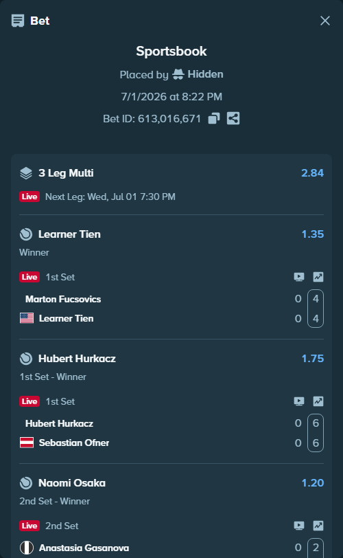 Bet slip: Marton Fucsovics - Learner Tien, $21,521.87 stake at 1.35 odds, placed by Hidden